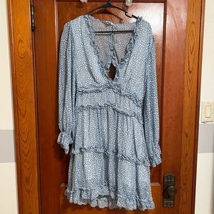 Long Sleeve Blue Patterned Dress